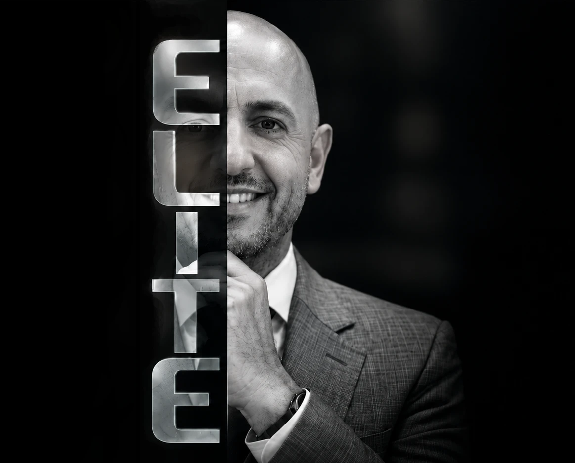 Black and white portrait of Nader Ayoub, split by the word ELITE